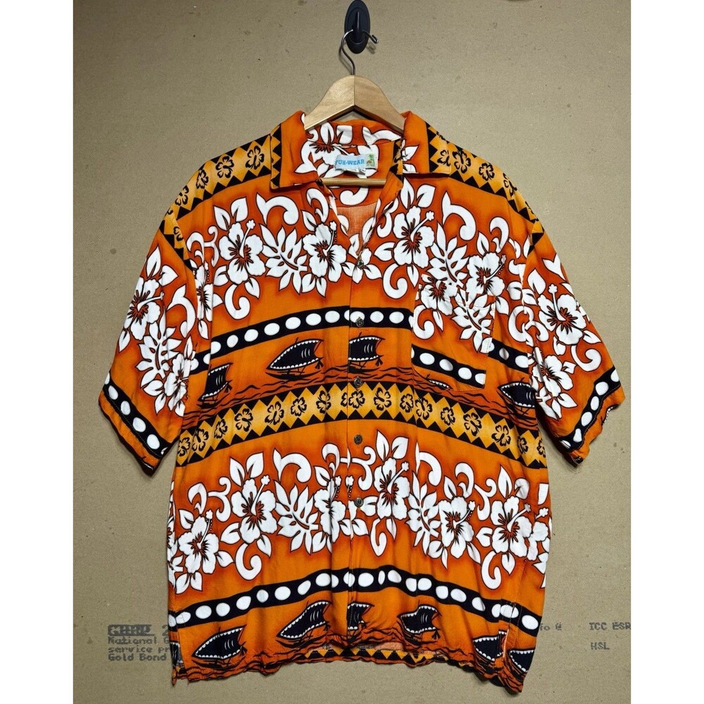 Vintage Fun-Wear Hawaiian Shirt XL Orange Rayon Floral Sailboat Mens